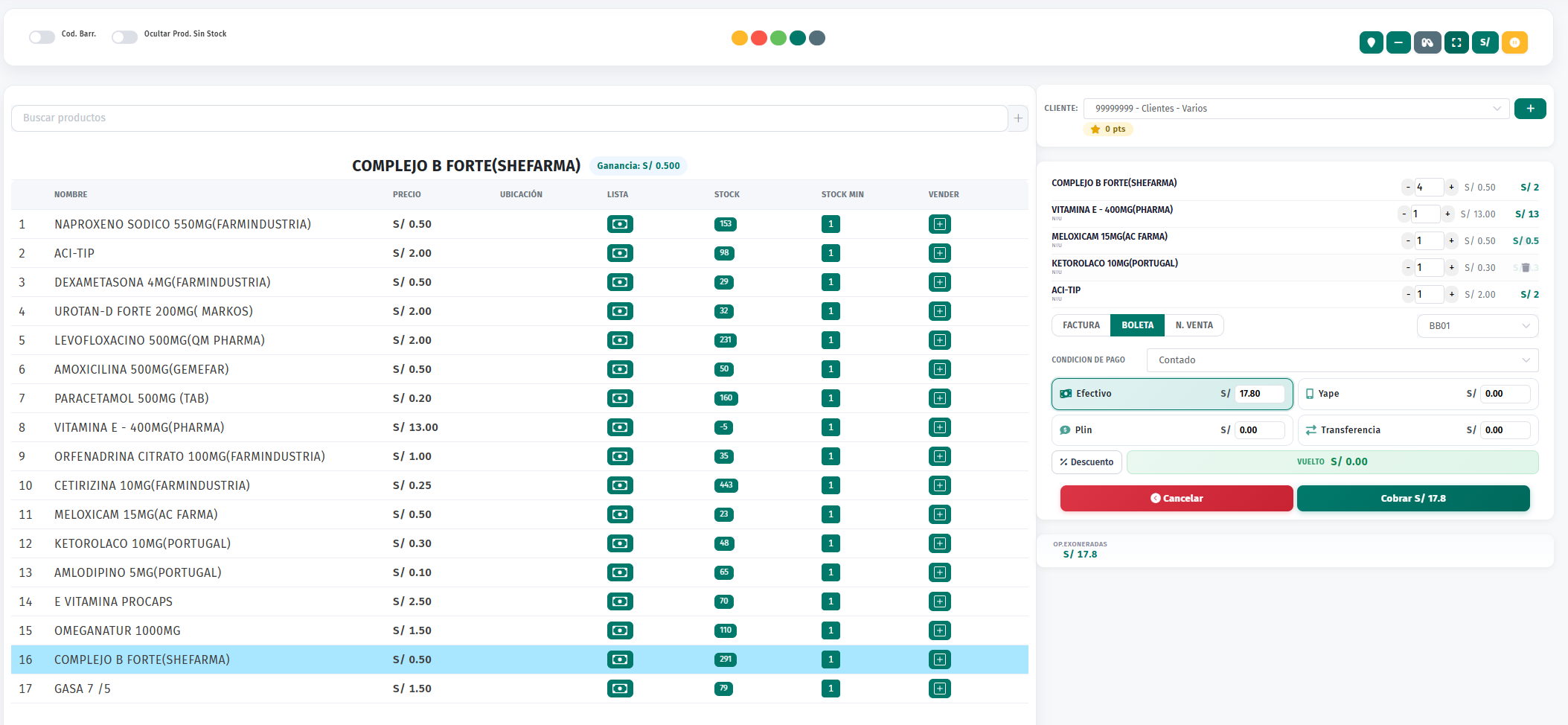 Pantalla del POS de Sysfarma: lista de medicamentos con stock, carrito activo y cobro con Yape/Efectivo